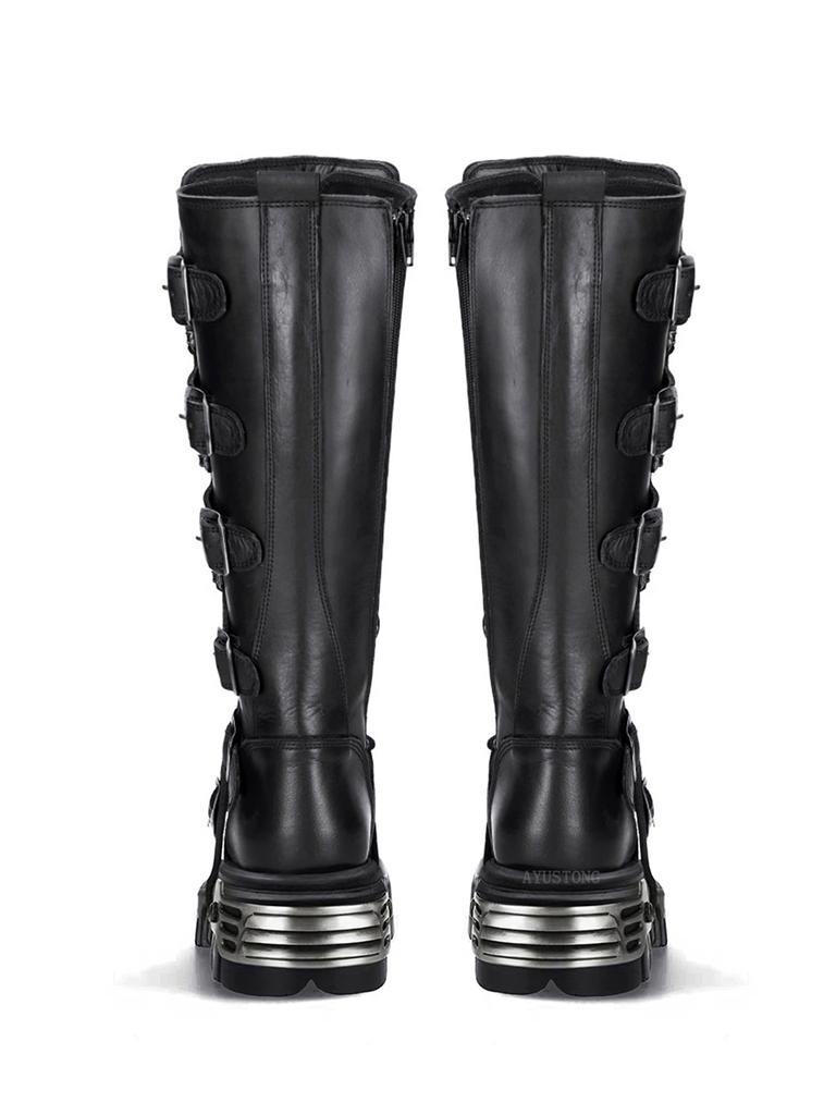 Fashion Rock Punk Motorcycle Boots Knee High Dark Style Round Toe Thick Bottom Genuine Leather Solid Color Fashion Sexy Women Shoes New