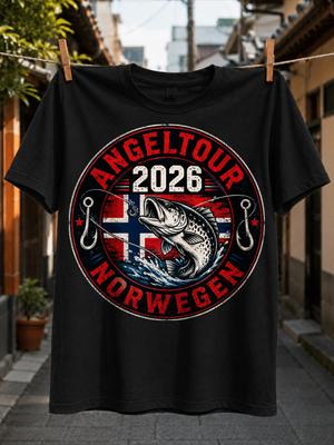 Angeltour 2026 Norwegen With Jumping Fish Hooks Norway FlAg Colors Circular Distressed Fishing Unisex All TShirt