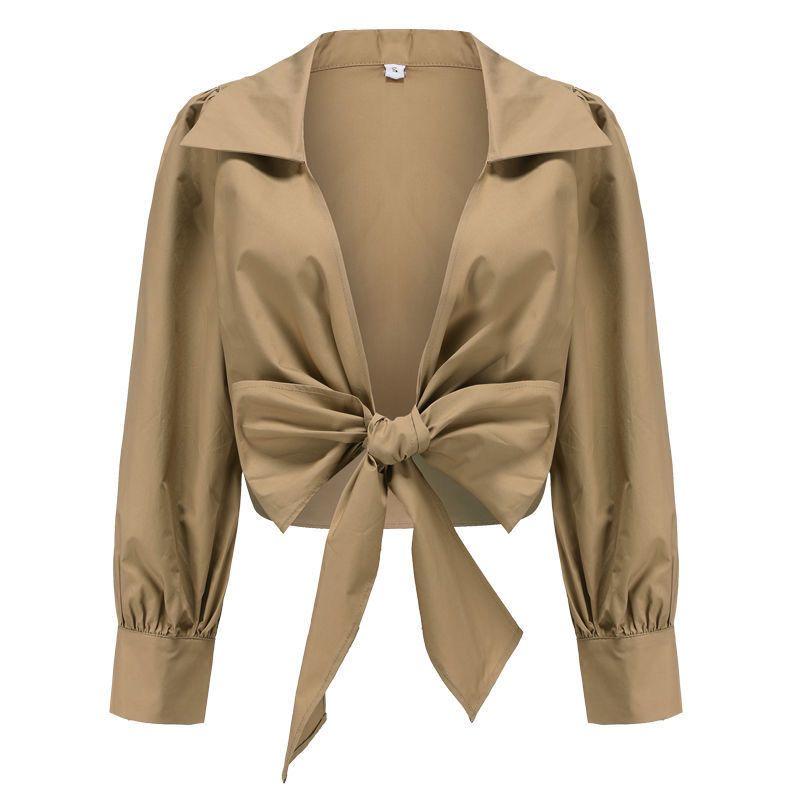 

Ветер Сексуальная рубашка с v-образным вырезом и завязками на рукавах-фонариках, женская рубашка с высокой талией и короткими лацканами XL хаки