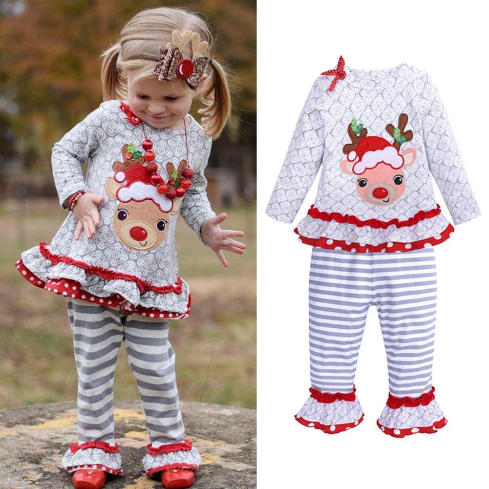 

Комплект детской рождественской одежды с длинным рукавом из лося + брюки в полоску