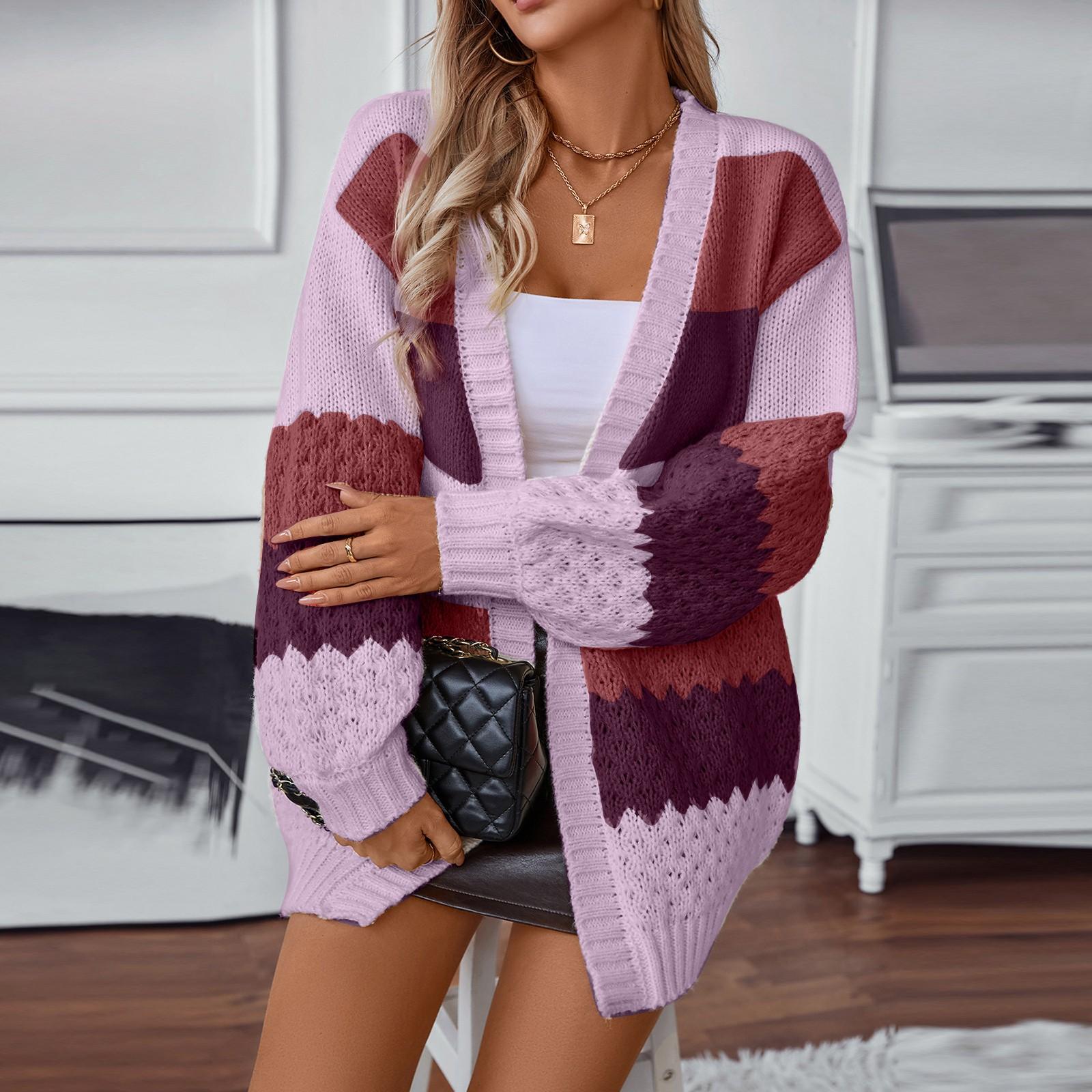 

Женский повседневный кардиган в контрастную полоску с длинным рукавом, вязаный свитер L фиолетовый