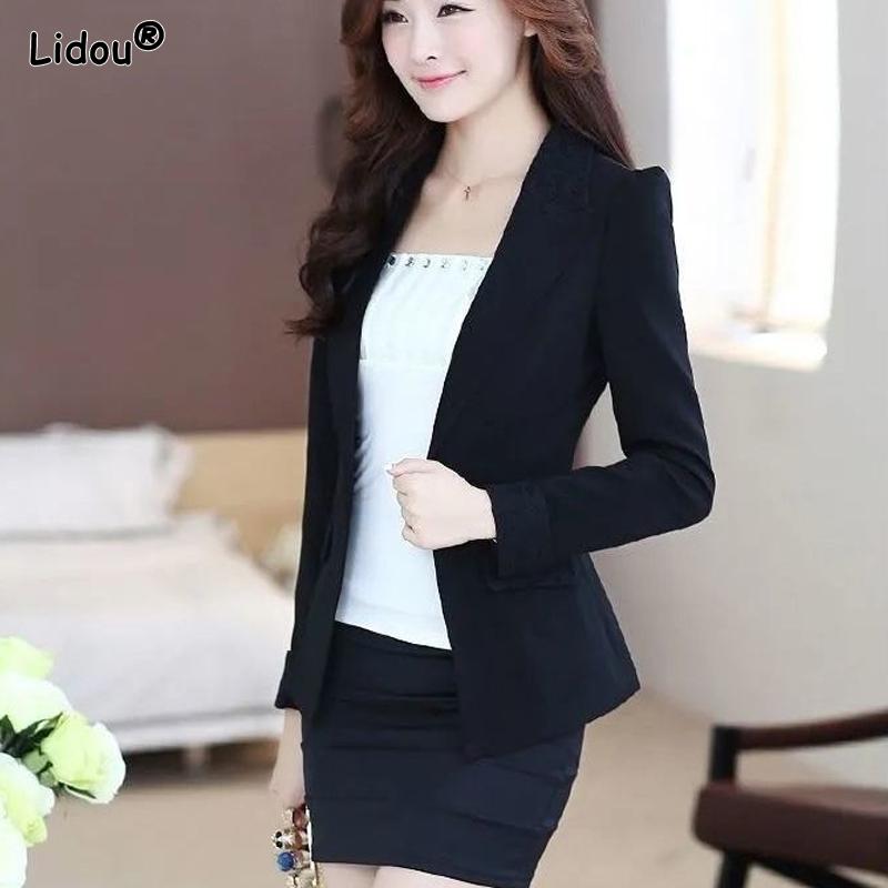 

Приталенные однотонные блейзеры с пуговицами, накладными карманами, пэчворком из кружева, для офисных леди, тонкие, с лацканами, темпераментные, весенне-осенние, женская одежда M чёрный