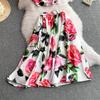 Summer Designer Rose Print Runway 2 Piece Set Women's Spaghetti Strap Vest Tops And Long Midi Skirt Holiday Beach Suit