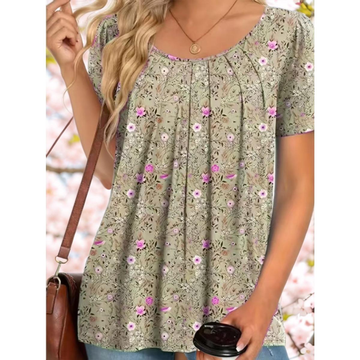 

Spring Summer Women s Floral Print T-shirt, Casual Casual Top for Women, European American Style Cross-border Women s Tee XXL темного кольору хакі