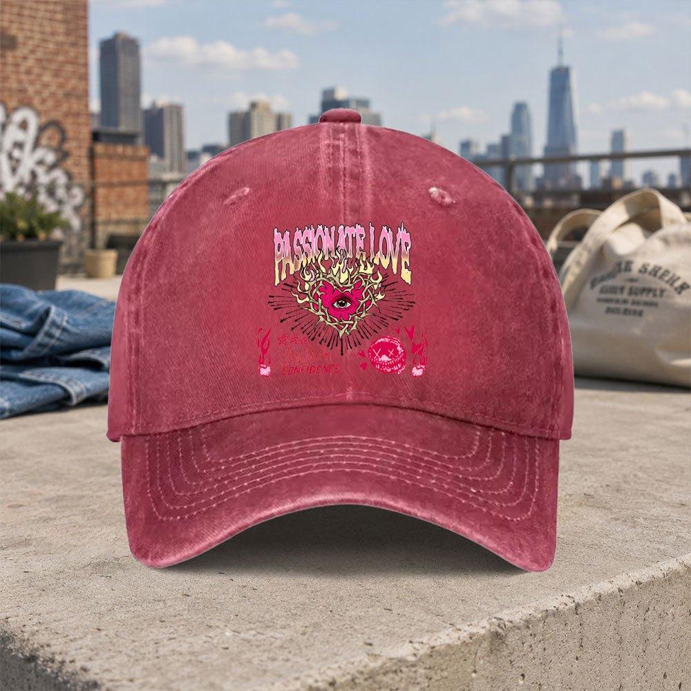 Vintage Flame Heart Baseball Cap Unisex Washed Curved Brim Hat With Flame Print Hook Loop Closure
