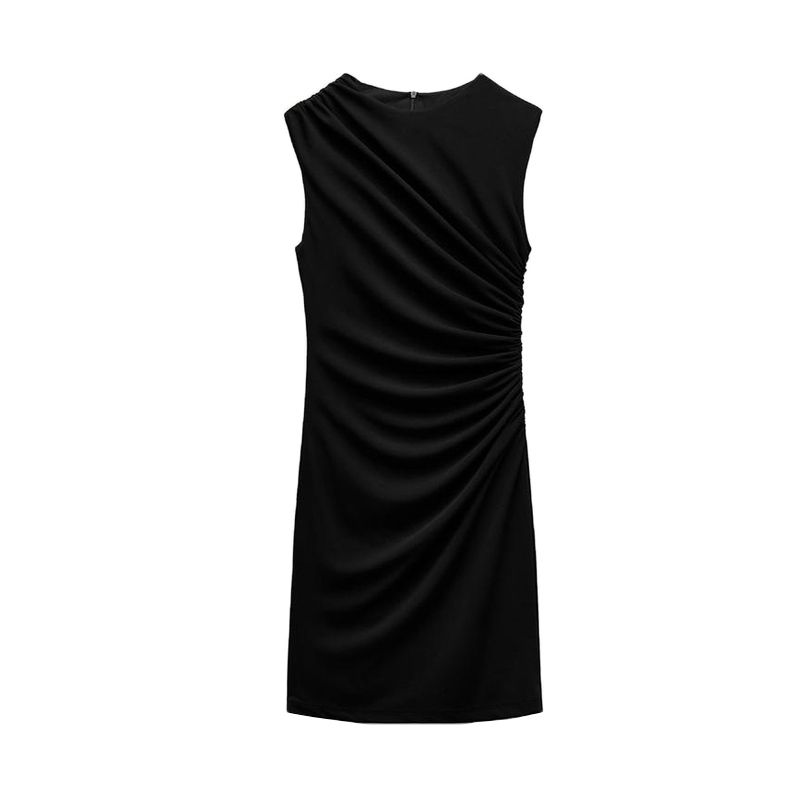 Spring New Arrival Women's Black Silm Fashion Sleeveless Round Neck Pleated Decorative Short Dress 8338250