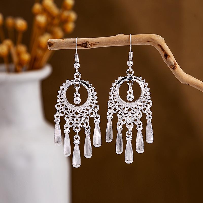Miao Silver Tassel Dangle Earrings: Ethnic-Style Studs for Women