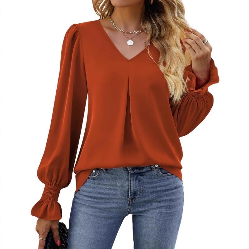 Spring and Summer New V-neck Pullover Trumpet Sleeve Top Solid Color Casual Long Shirt