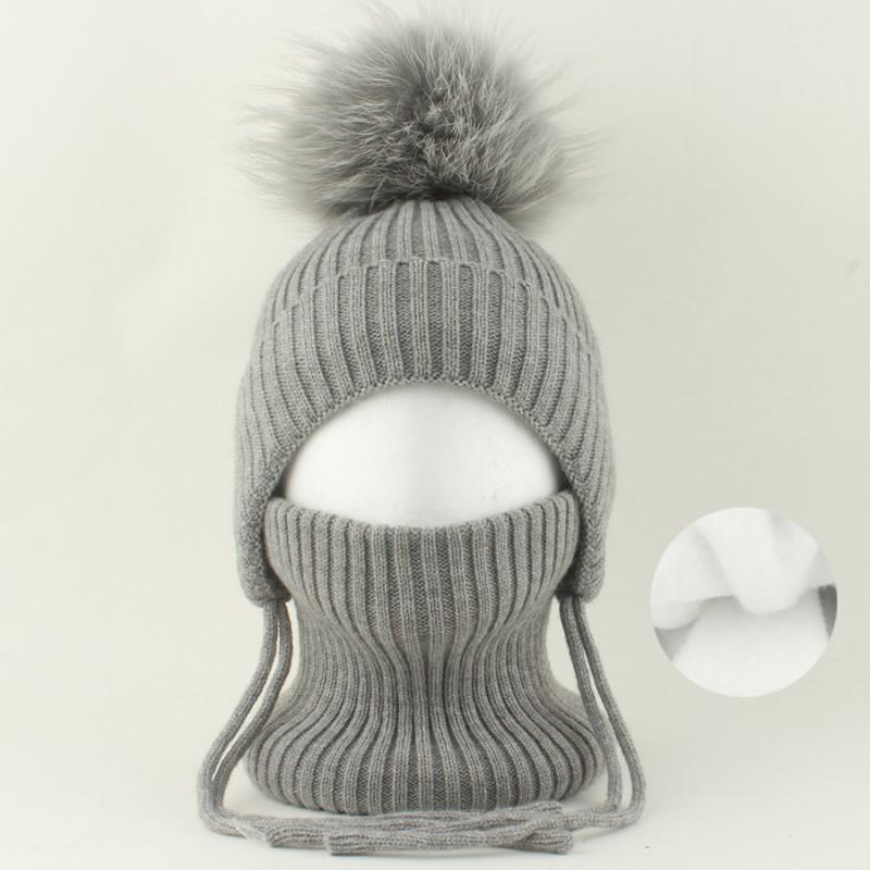 Kids Warm Knitted Hat With Faux Raccoon Fur Pom Matching Scarf Set Winter Cap Boys Girls
