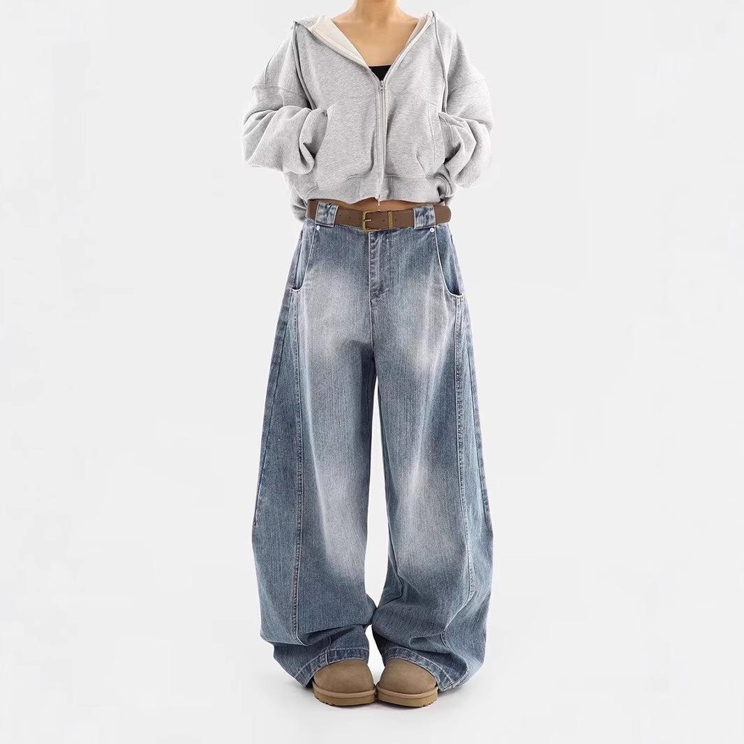 

Autumn/Winter Women s Retro Washed Distressed Loose Wide Leg Jeans M