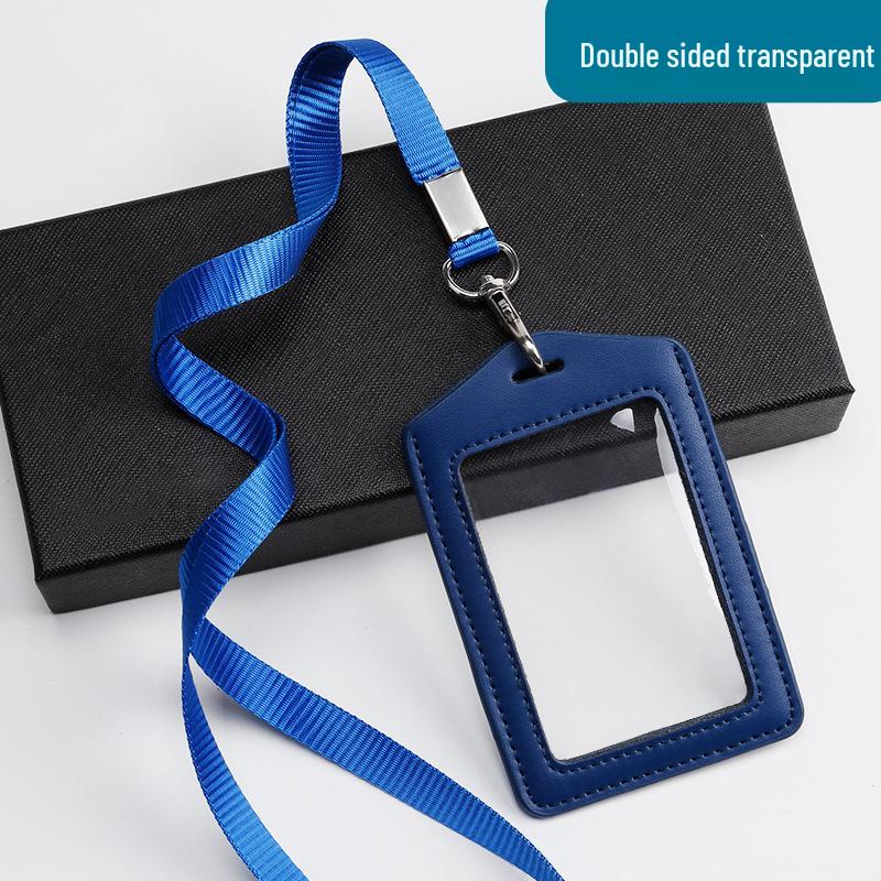 Genuine Leather Double-Sided ID Card Holder with Transparent Windows and Lanyard