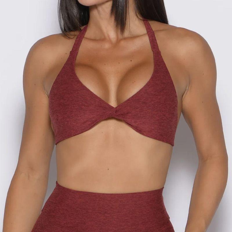 

European and American Fitness Yoga Sports Underwear Women Kinky Sexy Hanging Neck Backless Bra Nude Feel Sanding Breathable Quick-Drying Elastic Wine Red M
