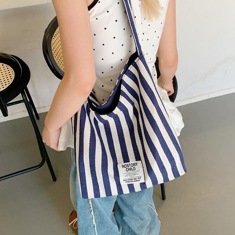 Striped Double-sided Tote Bag Women's Lazy Wind Contrasting Color Shoulder Bag Large Capacity Leisure Commuting Versatile Shoulder