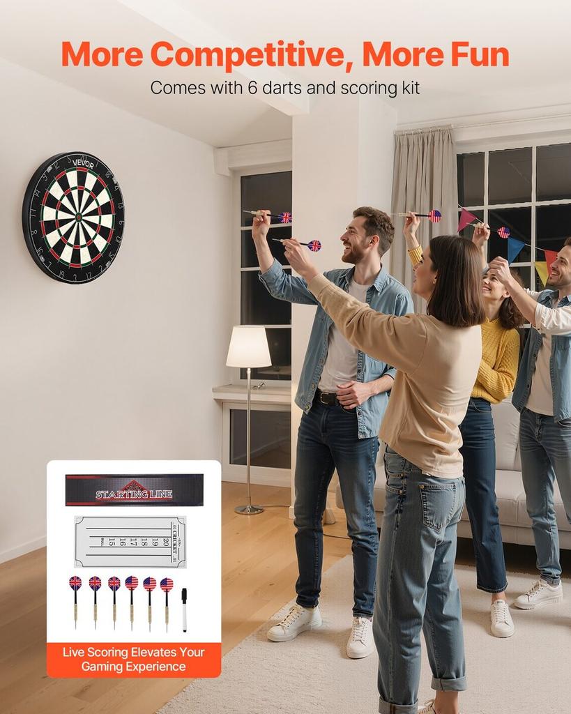 Dartboard with 6 Darts & Scoring Kit, Self-Healing Sisal Fibers Dartboard with Staple-Free Bullseye & Rotating Number Ring, 451mm Professional Steel