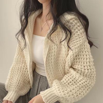 Korean Style Hooded Short Sweater Women Autumn New Zipper Lantern Sleeve Knitting Zip Up Cardigans Fashion Office Lady Knitwear