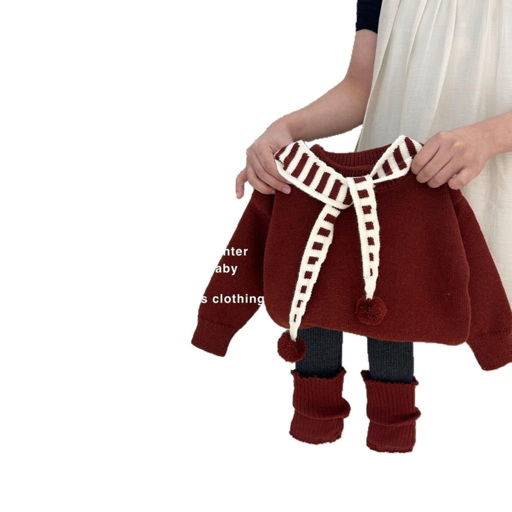 Girls' Fashionable 2025 Autumn/Winter Sweater & Fleece-Lined Leggings Set