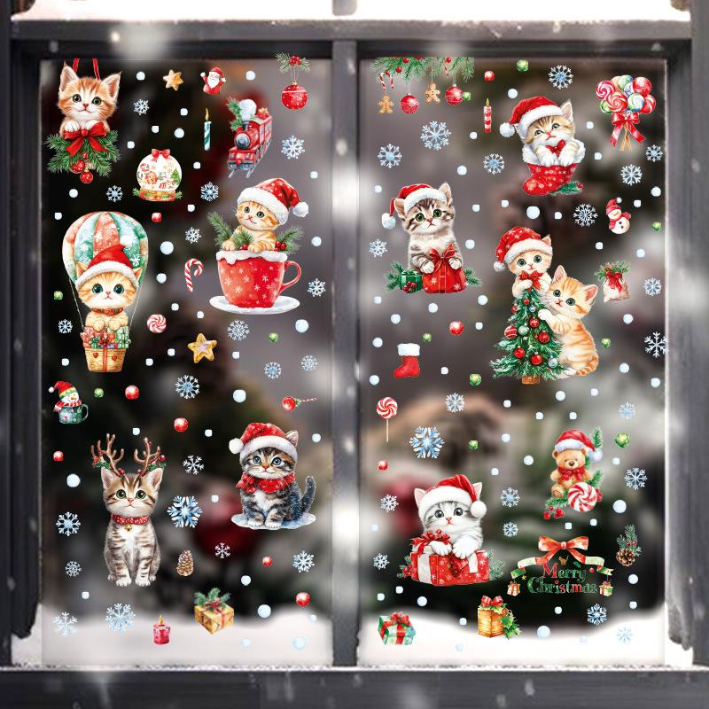 Мультяшный кот Стеклянная наклейка Рождественский снеговик Милый животный оконный статический стикер Наклейка для украшения старика SKJD2341