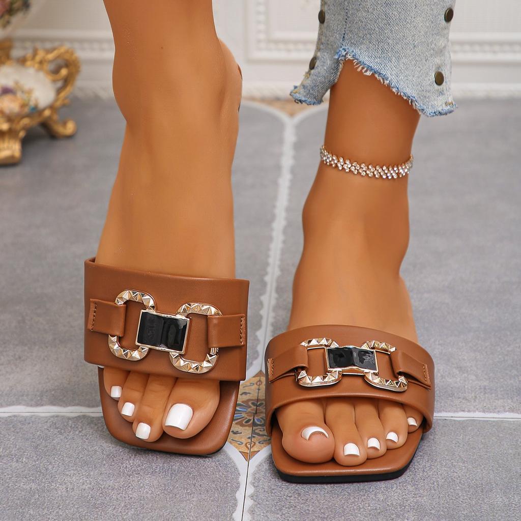 Women Slippers Summer Comfort Outdoor Shoes Square Toe Non Slip Beach Sandals Metal Chain Flat Slippers Slides Women