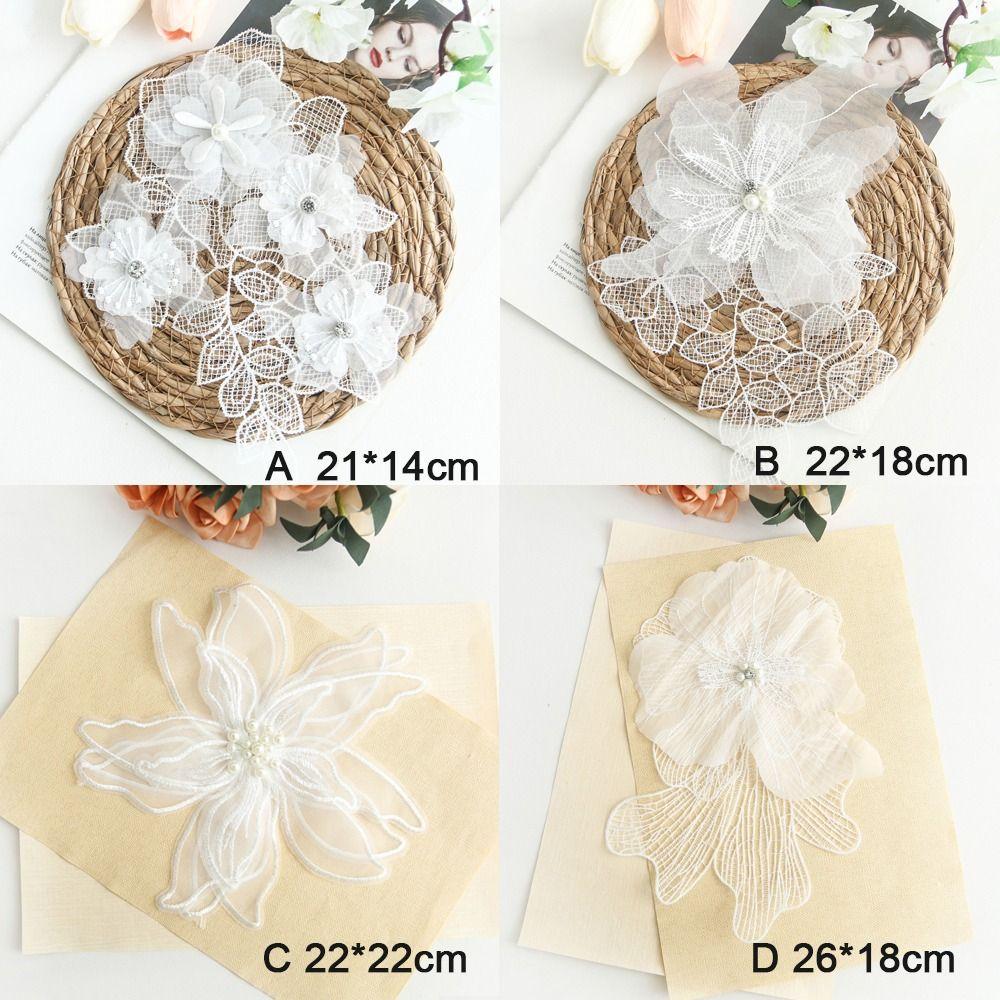 White Mesh Flower Embroidery Patches Pearl Stamen Applique Sequin Embroidery Patches Handmade Fabric Patches Evening Dress