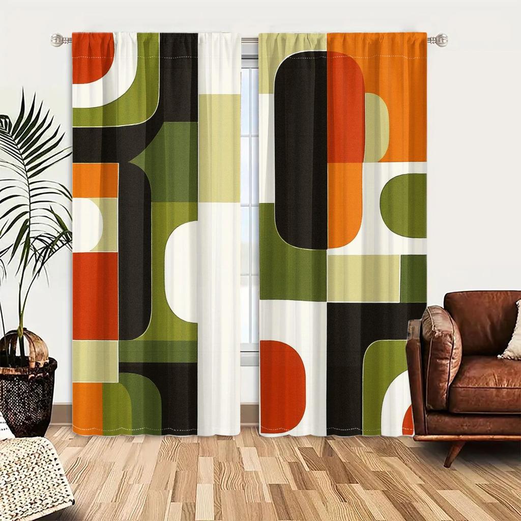 Retro Geometric Curtains 2pcs – Mid-Century Modern Abstract Design In Orange Green Black Cream, Living Room Decor
