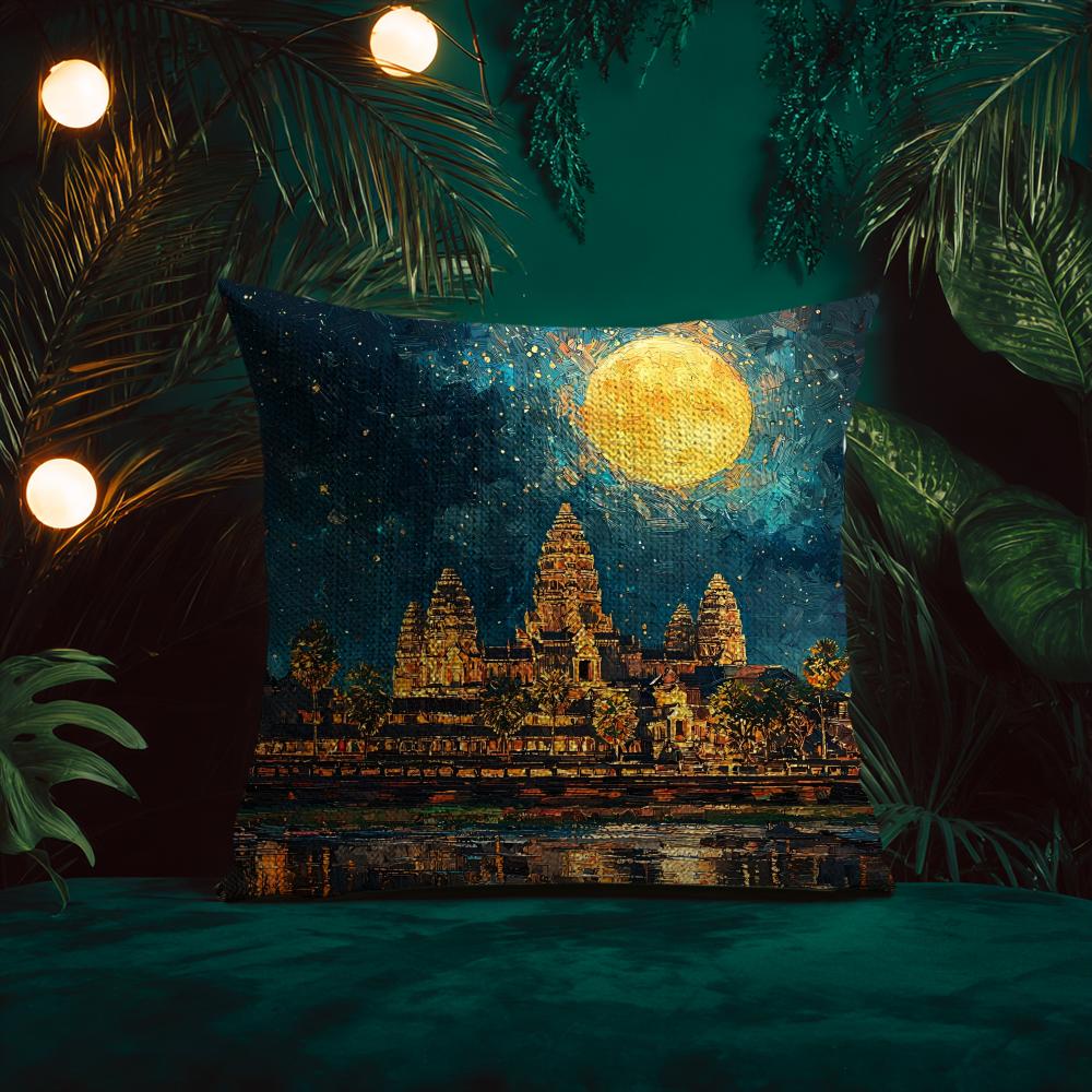 Oil Painting Artwork Angkor WatW Cushion Cover Silky elegant Comfort Sofa Bed Invisible zipper Beach pillowcase