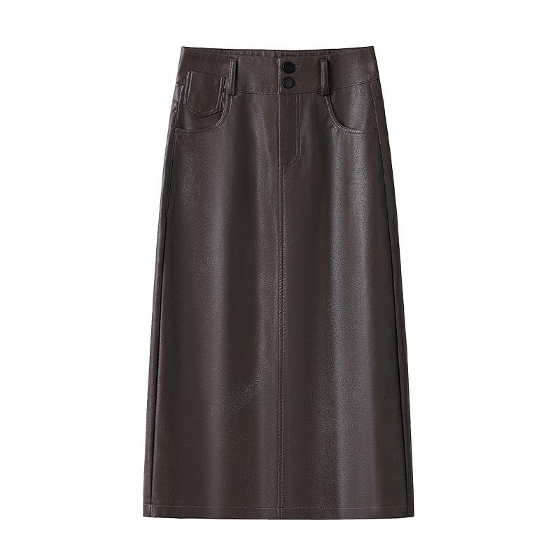 Dámská kožená midi sukně s vysokým pasem, přiléhavá k tělu - Zeštíhlující design z ovčí kůže s rozparkem.