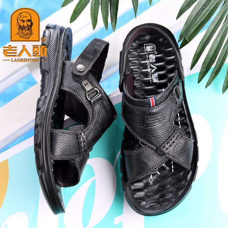 2025 summer new old man's head sandals, men's leather casual non-slip beach shoes, first-layer cowhide sandals dual-purpose