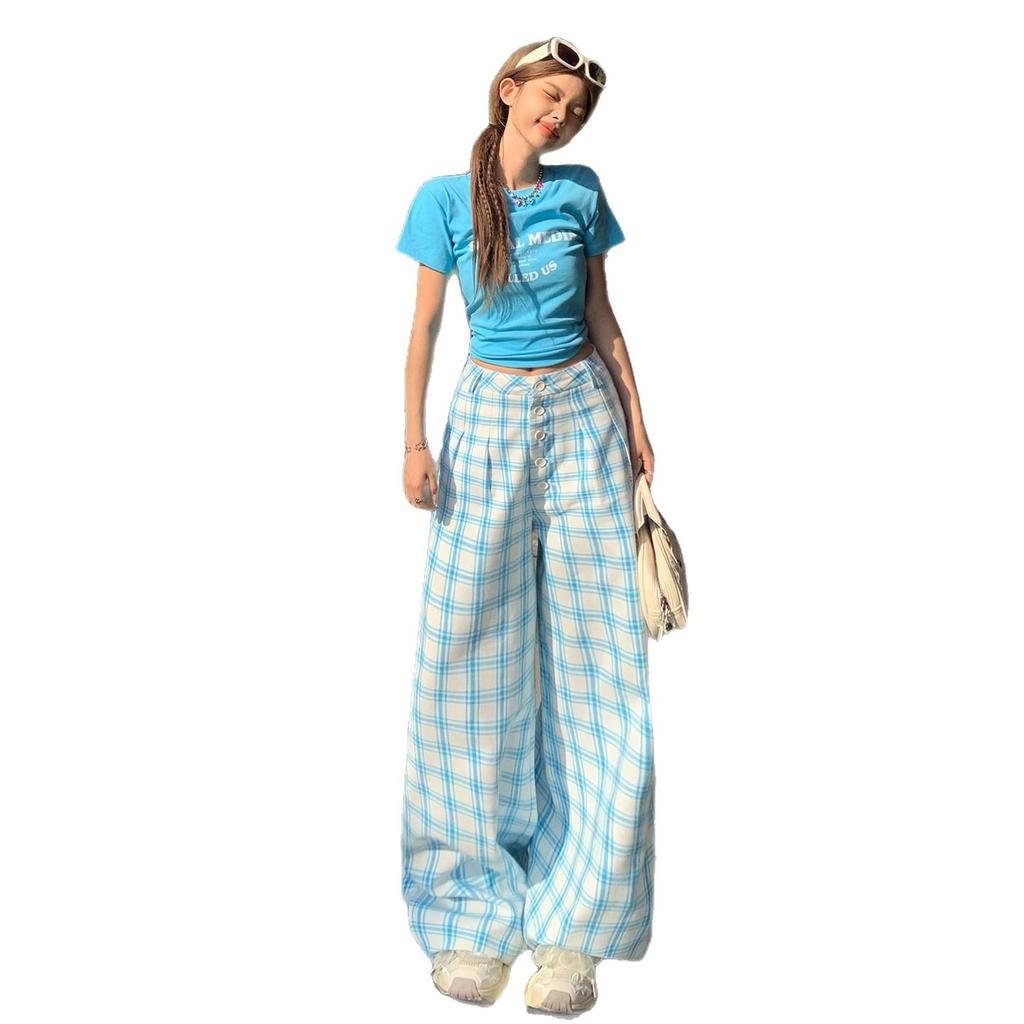 Women's Spring Plaid High-Waist Wide-Leg Pants - Casual, Loose, Floor-Length