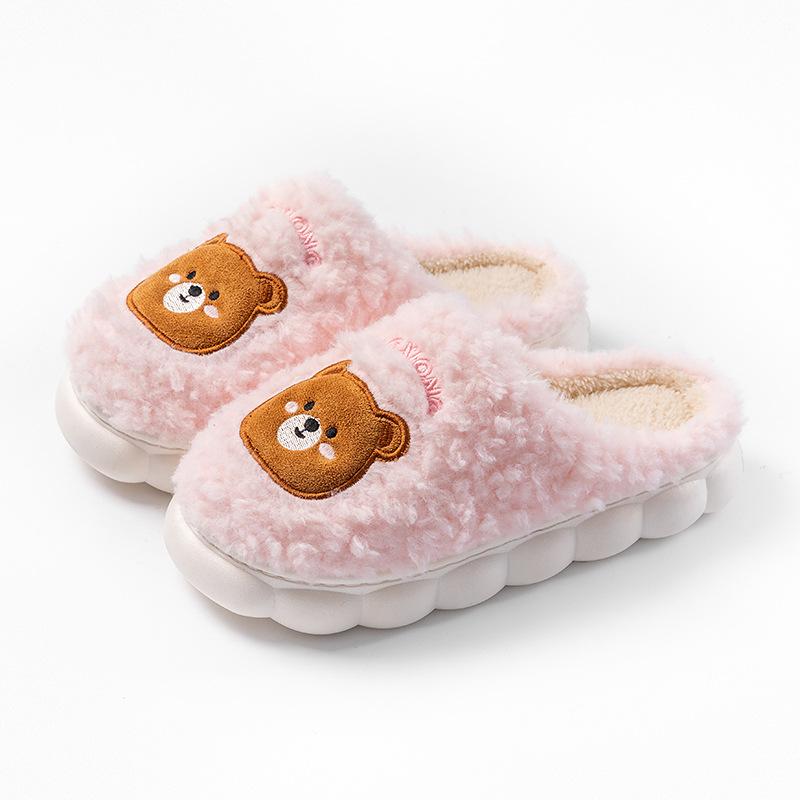 Home cotton slippers couple thick bottom non-slip warm cartoon bear design new home fluff mop