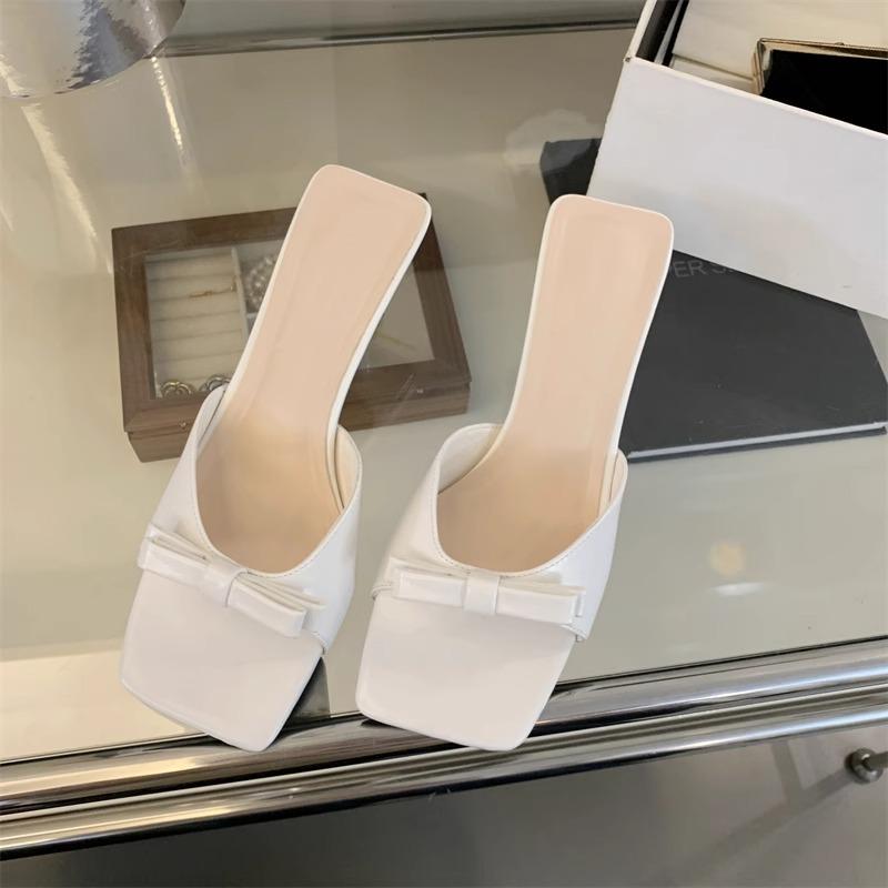 High heels gentle bow square head open-toed sandals women's 2025 summer new soft-soled simple one-word slippers non-slip