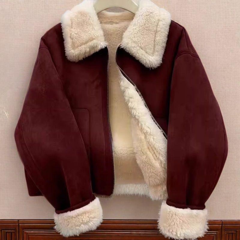 Winter Women's Short Fleece Lined Thick Warm Jacket Loose Versatile Outerwear