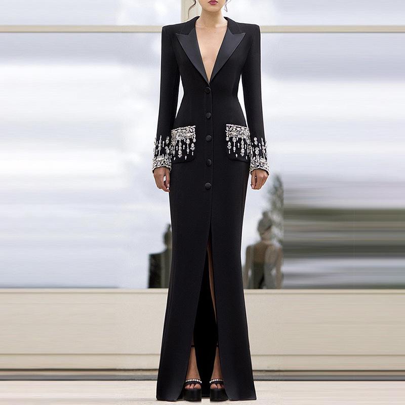 2025 Glamorous Beaded Rhinestone Suit Collar Bandage Long Evening Dress