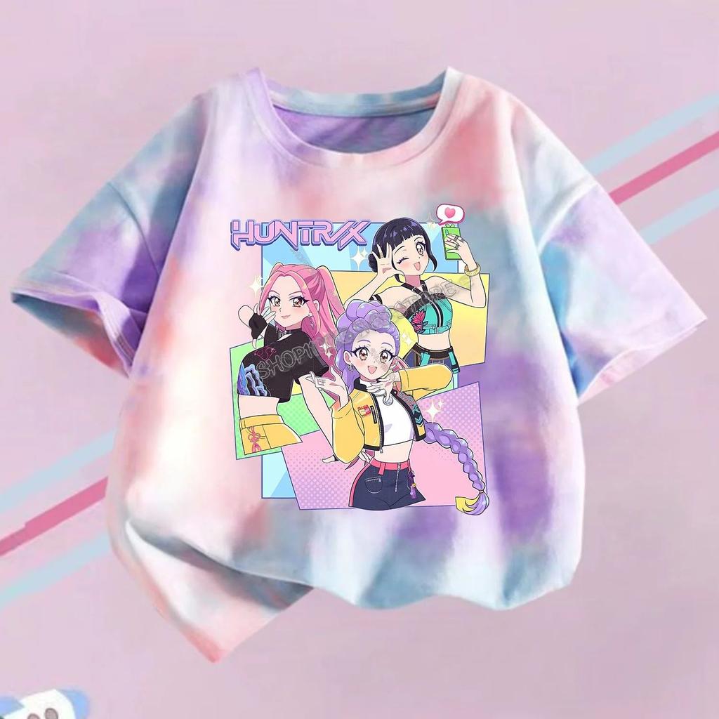 KPop Demon Hunters T-shirt Children Purple Tie-dye Top Girls O Collar Clothing Short Sleeve Tee Kids Summer/Autumn Clothes Gift