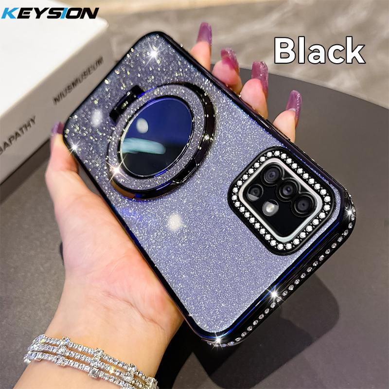 KEYSION Luxury Glitter Jewelled Magnetic Phone Case for Samsung Galaxy A51 4G Makeup Mirror Ring Stand Shockproof Back Cover