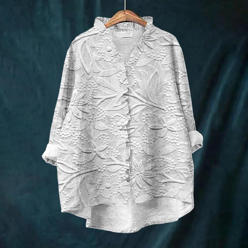 Women's Loose Ruffled Floral Print Stand Collar Long Sleeve Cotton And Linen Top