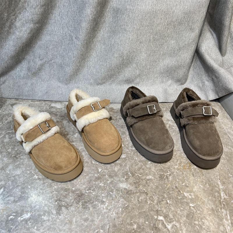 European Station frosted soft leather shoes winter round head one pedal muffin bottom warm shallow mouth cotton shoes board shoes