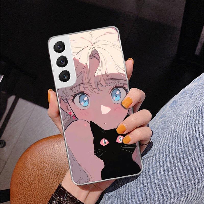 Anime Girls Cute Black Cat Phone Case For Samsung Galaxy S24 S25 Edge S26 Ultra S23 S22 S21 Plus S20 FE + Personalized Print Cov