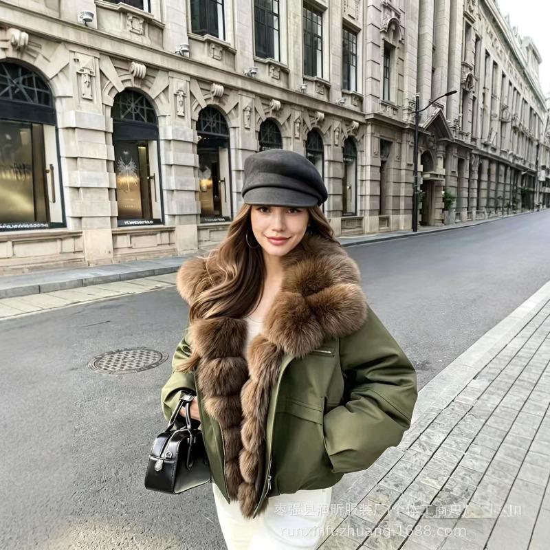Short Women's Casual Fashion Simple White Duck Down Parker Down Jacket Autumn and Winter Warm Jacket Imitation Fox Fur Placket