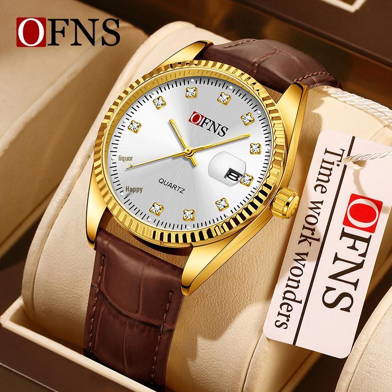 Oufanni Unisex Luminous Quartz Watch with Sunburst Dial and Waterproof Leather-Steel Band.