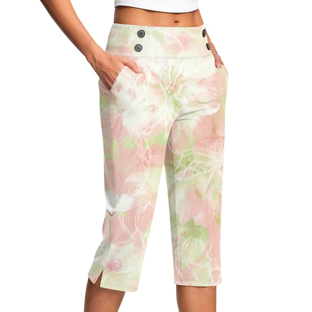 Women's Vintage Floral Print Button Pocket Trousers Slit High Waist Sports Yoga Casual Pants