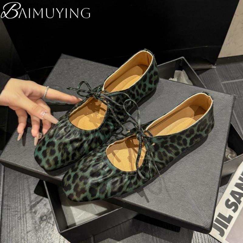 Leopard Square Toe Women Flat Sandals Marie Janes Shoes Woman Summer 2025 Trend Elegant Dress Comfort Soft Leather Zapatillas