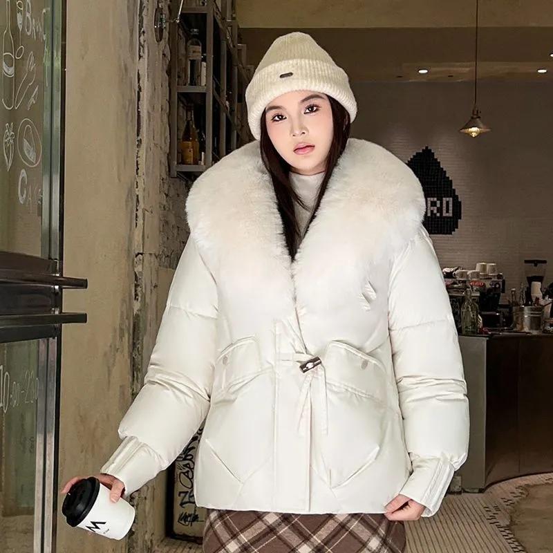 Veste d'hiver épaisse en coton avec grand col en fourrure pour femme, manteau ample type pain, manteau en coton pour femme, vêtements d'extérieur d'hiver