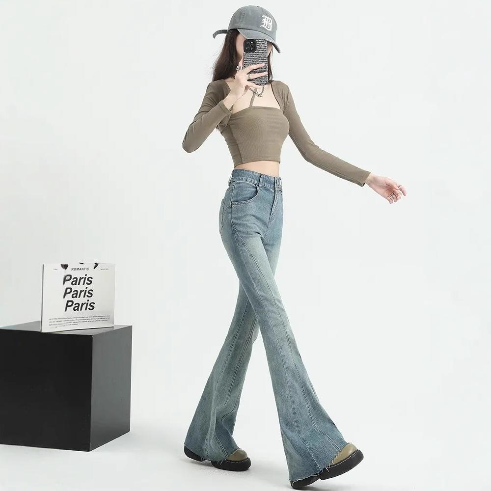 2025 New Style Retro Flare Jeans: Frayed Patchwork Slimming Fit