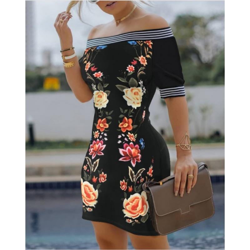 Women Clothing Off-shoulder Print Slim Fit Sexy Maxi Dress M чёрный