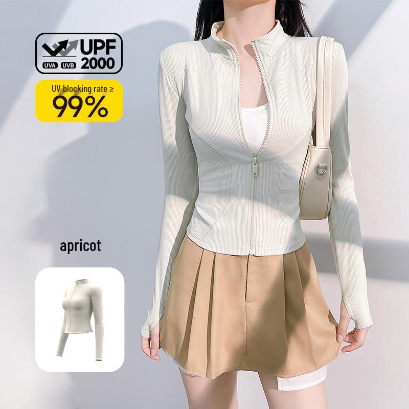 Dámská úzká žebrovaná bunda na jógu - Prodyšná, Ochrana proti slunci, Dlouhý rukáv pro venkovní fitness