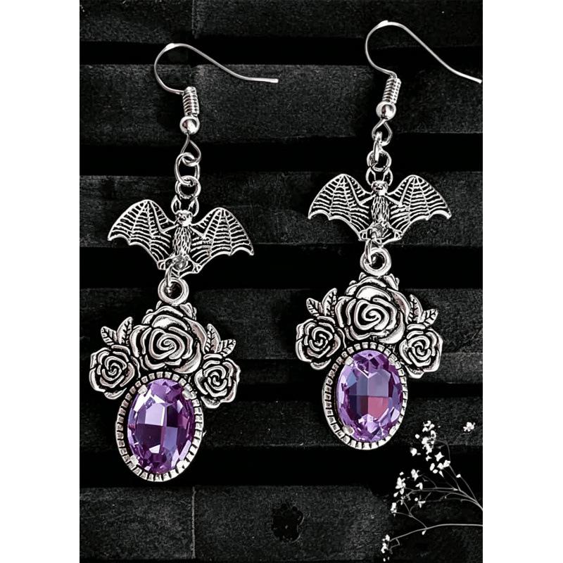 Gothic Shadow Wings Bat & Vampire Red Glass Rose Earrings