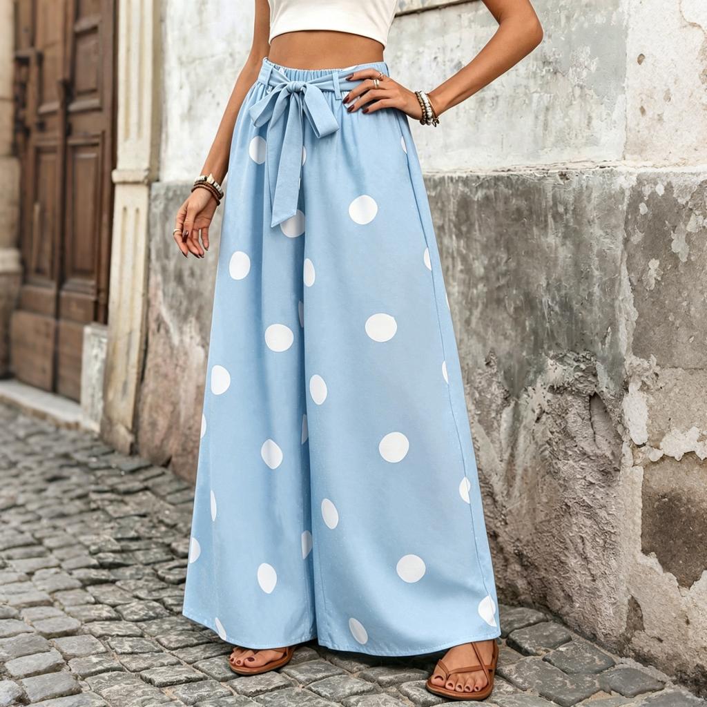 Damen Locker Geschnittene Lässige Weit Bein Hosen Elastischer Bund mit Breitem Gürtel Gepunktetes Muster Bequeme Palazzo Hosen