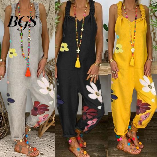 Kvinders Ærmeløs Hagesmækdragt Rygløs Blomstret Print Løstsiddende Jumpsuit Dungarees