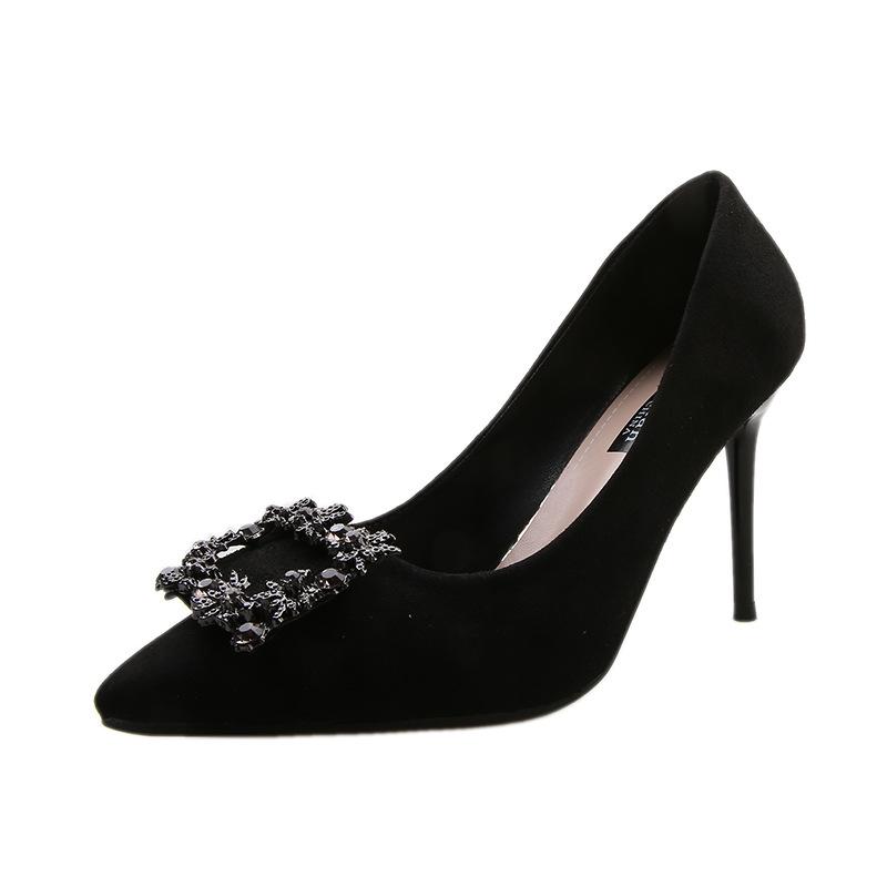 Rhinestone High Heels Women's New Professional Thin Heel Temperament Pointed Women's Shoes Metal Square Buckle Single Shoes