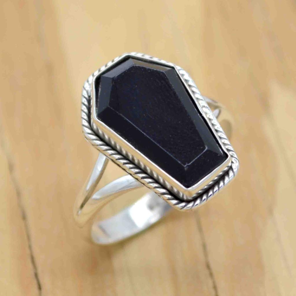Black Onyx 925 stříbrný prsten na rakev, Onyx Gemstone ručně vyráběný dámský prsten na rakev